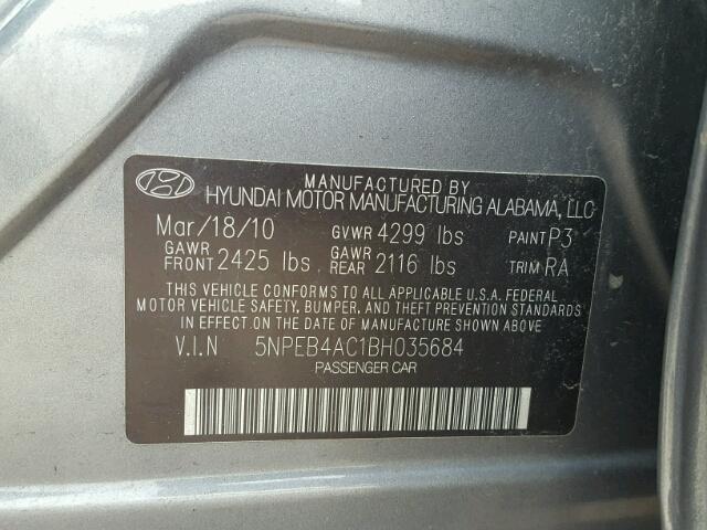 5NPEB4AC1BH035684 - 2011 HYUNDAI SONATA GLS GRAY photo 10