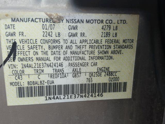 1N4AL21E37N424146 - 2007 NISSAN ALTIMA 2.5 BROWN photo 10