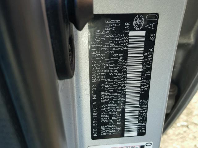 2T1BY32E35C376927 - 2005 TOYOTA COROLLA XR 银色 照片 10