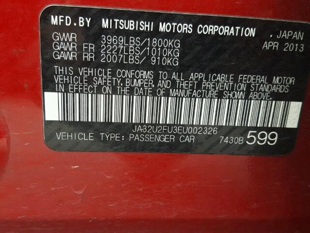 JA32U2FU3EU002326 - 2014 MITSUBISHI LANCER ES/ RED photo 10