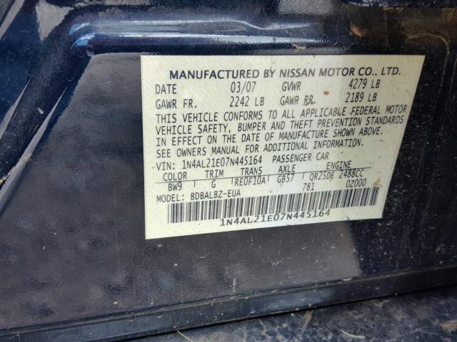 1N4AL21E07N445164 - 2007 NISSAN ALTIMA BLACK photo 10