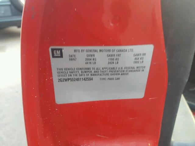 2G2WP552481142594 - 2008 PONTIAC GRAND PRIX RED photo 10