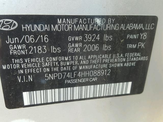 5NPD74LF4HH088912 - 2017 HYUNDAI ELANTRA SE GRAY photo 10