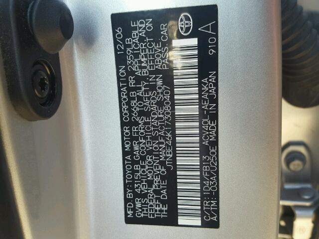 JTNBE46K173080407 - 2007 TOYOTA CAMRY NEW SILVER photo 10