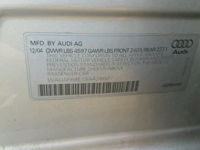 WAUAF68E15A426607 - 2005 AUDI A4 SILVER photo 10