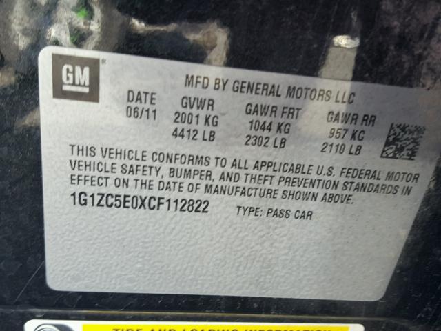 1G1ZC5E0XCF112822 - 2012 CHEVROLET MALIBU 1LT BLACK photo 10