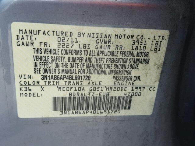 3N1AB6AP4BL691720 - 2011 NISSAN SENTRA 2.0 GRAY photo 10