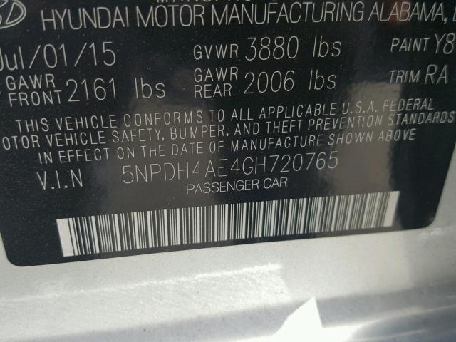 5NPDH4AE4GH720765 - 2016 HYUNDAI ELANTRA SE SILVER photo 10