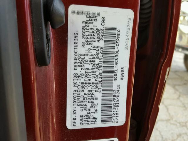 4T1BE32K13U191236 - 2003 TOYOTA CAMRY LE მუქწითელი ფოტო 10
