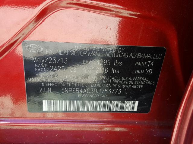 5NPEB4AC3DH753773 - 2013 HYUNDAI SONATA GLS RED photo 10