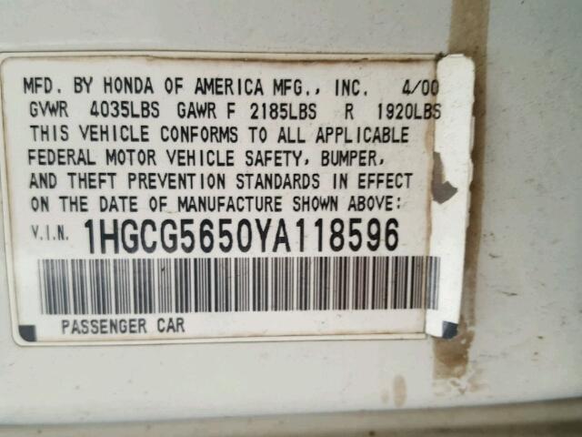 1HGCG5650YA118596 - 2000 HONDA ACCORD EX WHITE photo 10