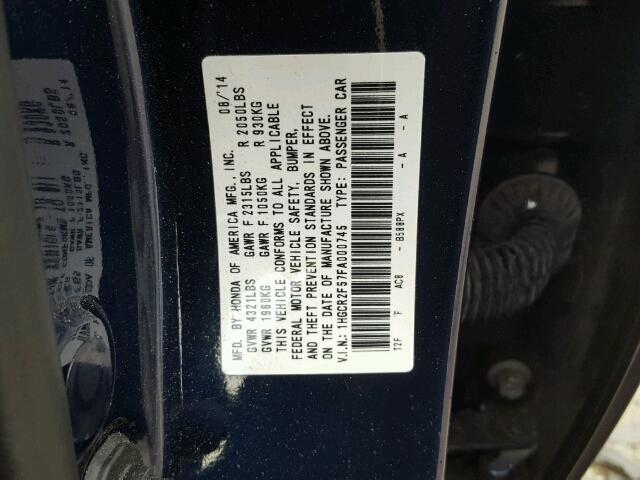 1HGCR2F57FA000745 - 2015 HONDA ACCORD BLUE photo 10