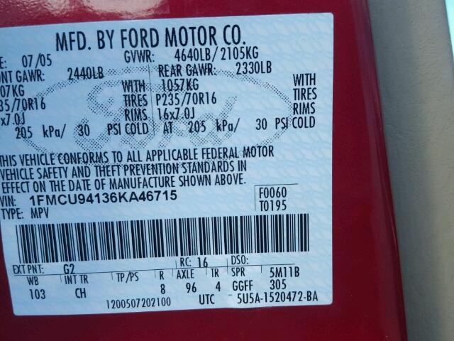 1FMCU94136KA46715 - 2006 FORD ESCAPE RED photo 10