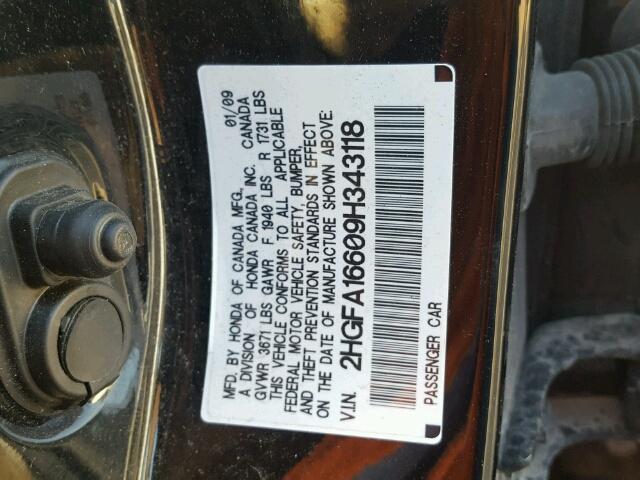 2HGFA16609H343118 - 2009 HONDA CIVIC BLACK photo 10