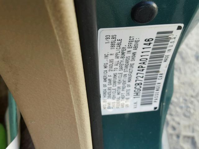 1HGCB7274PA011146 - 1993 HONDA ACCORD GREEN photo 10