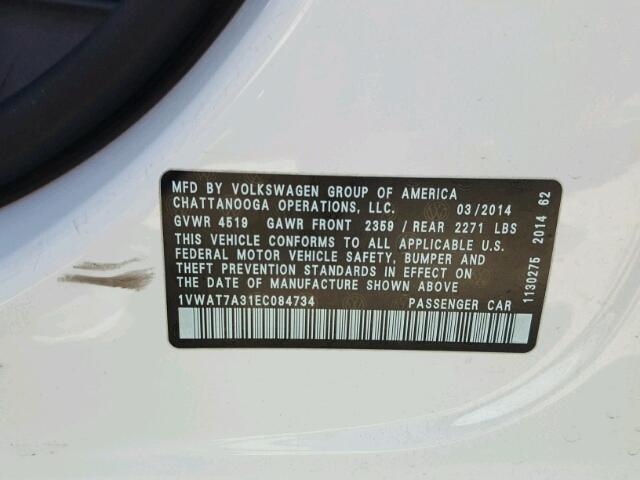 1VWAT7A31EC084734 - 2014 VOLKSWAGEN PASSAT S თეთრი ფოტო 10