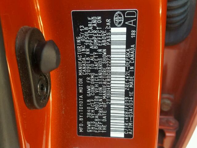 2T1BU4EE8DC082273 - 2013 TOYOTA COROLLA BA ORANGE photo 10