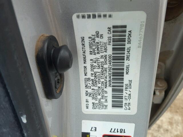 1NXBU40E39Z148080 - 2009 TOYOTA COROLLA BA SILVER photo 10