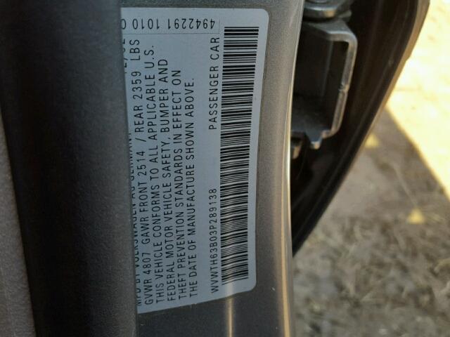 WVWTH63B03P289138 - 2003 VOLKSWAGEN PASSAT GLX GRAY photo 10