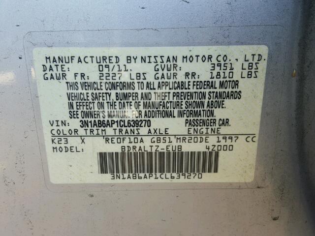 3N1AB6AP1CL639270 - 2012 NISSAN SENTRA 2.0 SILVER photo 10