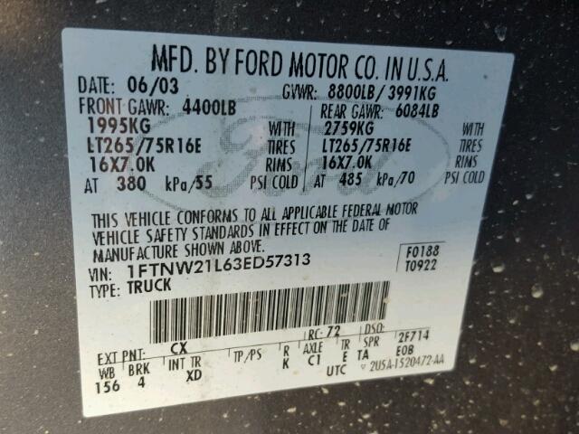 1FTNW21L63ED57313 - 2003 FORD F250 SUPER GRAY photo 10