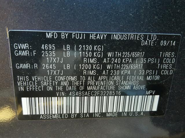 4S4BSAEC2F3228516 - 2015 SUBARU OUTBACK GRAY photo 10