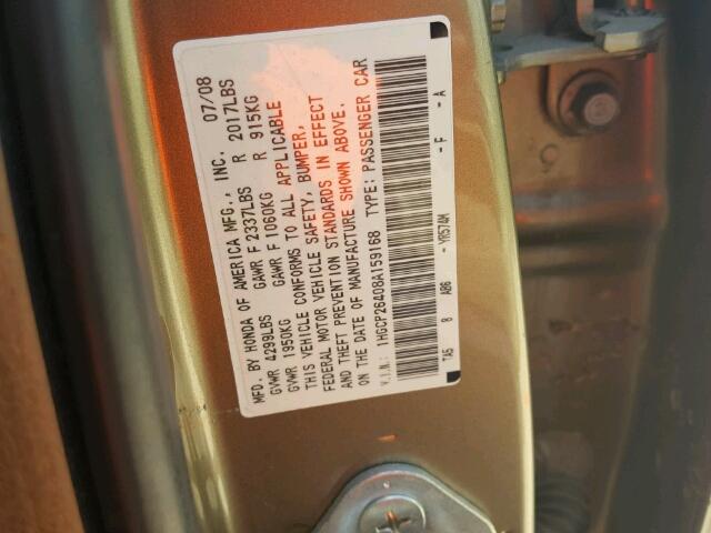 1HGCP26408A159168 - 2008 HONDA ACCORD LXP GOLD photo 10