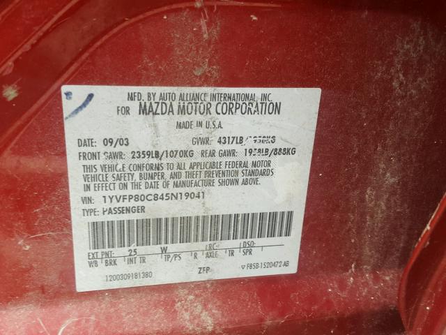 1YVFP80C845N19041 - 2004 MAZDA 6 I Rojo foto 10