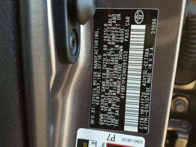 4T1BF1FK2HU291252 - 2017 TOYOTA CAMRY LE GRAY photo 10