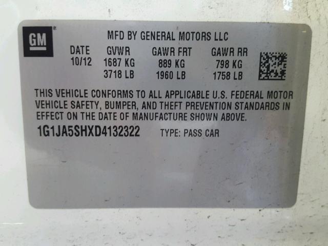 1G1JA5SHXD4132322 - 2013 CHEVROLET SONIC LS 白色 照片 10