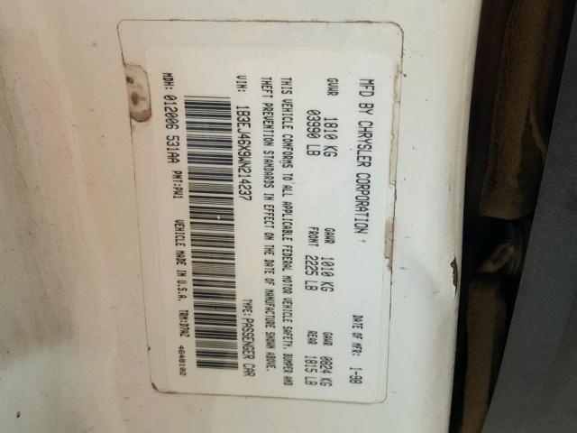 1B3EJ46X9WN214237 - 1998 DODGE STRATUS WHITE photo 10