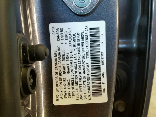 2HGFB2F86FH505348 - 2015 HONDA CIVIC GRAY photo 10