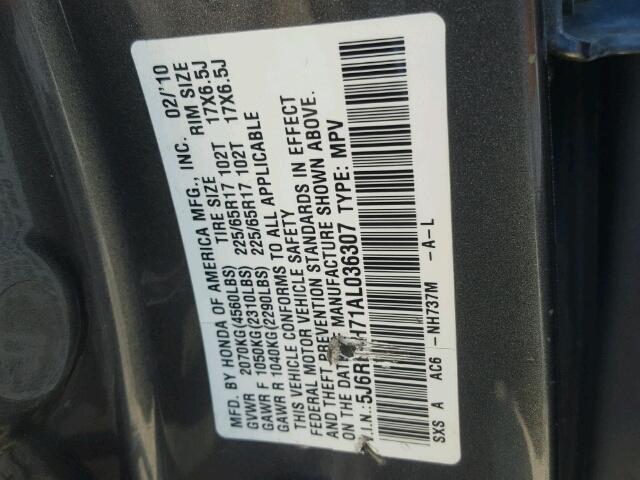 5J6RE4H71AL036307 - 2010 HONDA CR-V EXL GRAY photo 10