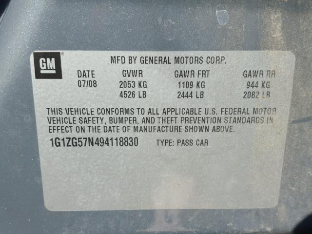 1G1ZG57N494118830 - 2009 CHEVROLET MALIBU LS GRAY photo 10