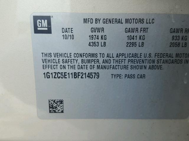 1G1ZC5E11BF214579 - 2011 CHEVROLET MALIBU 1LT ოქროსფერი ფოტო 10