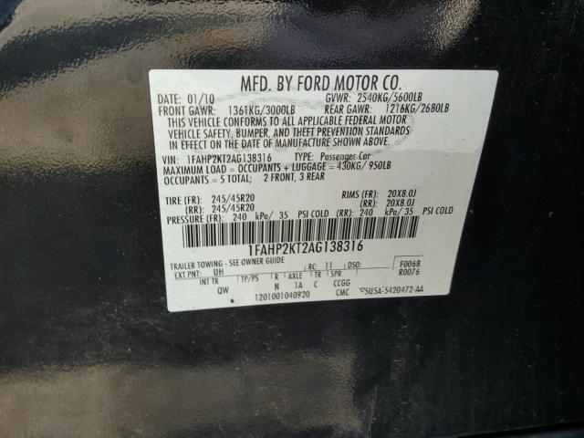 1FAHP2KT2AG138316 - 2010 FORD TAURUS SHO BLACK photo 10