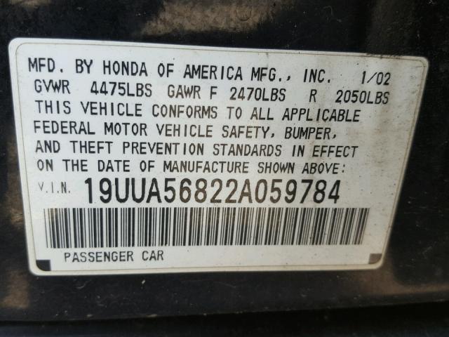 19UUA56822A059784 - 2002 ACURA 3.2TL TYPE BLACK photo 10