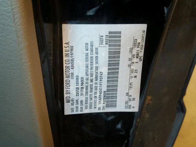 1FAFP40411F193747 - 2001 FORD MUSTANG BLACK photo 10