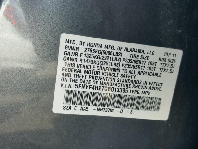 5FNYF4H27CB013395 - 2012 HONDA PILOT LX SILVER photo 10