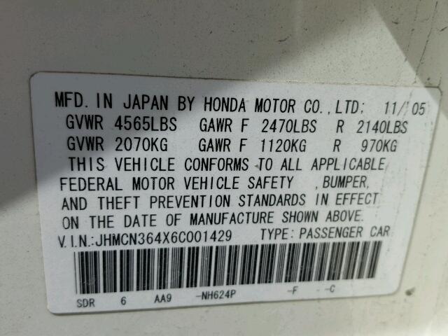 JHMCN364X6C001429 - 2006 HONDA ACCORD WHITE photo 10