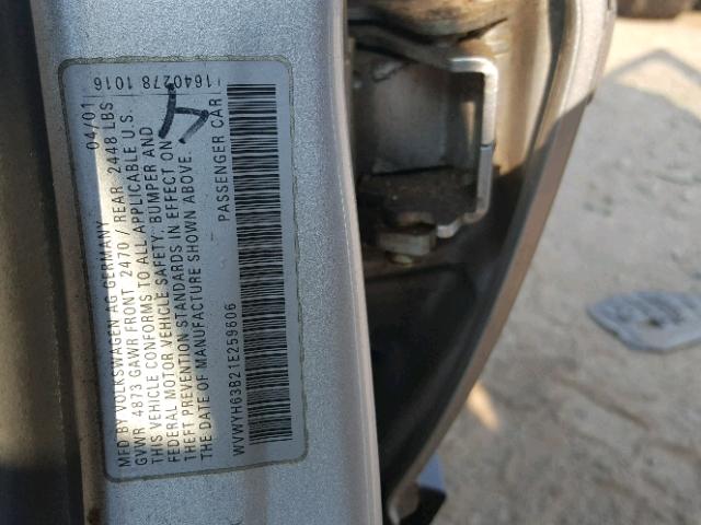 WVWYH63B21E259606 - 2001 VOLKSWAGEN PASSAT GLX SILVER photo 10