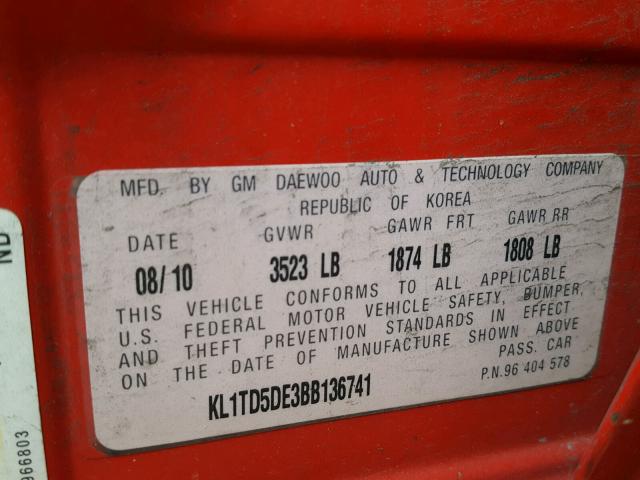 KL1TD5DE3BB136741 - 2011 CHEVROLET AVEO LS RED photo 10