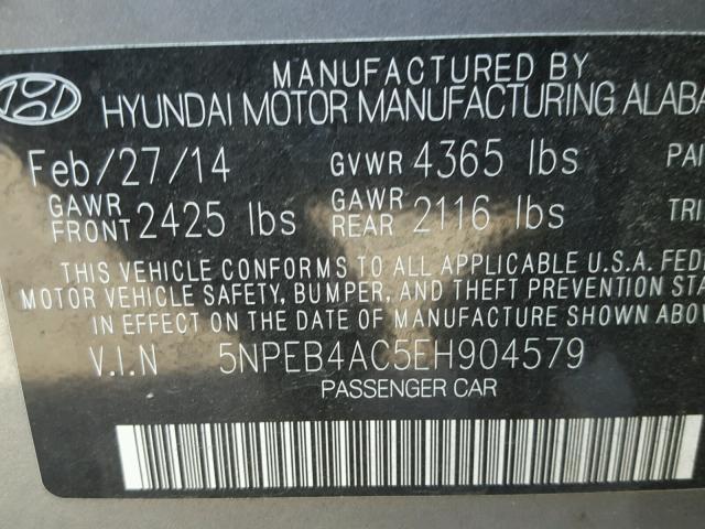 5NPEB4AC5EH904579 - 2014 HYUNDAI SONATA GRAY photo 10