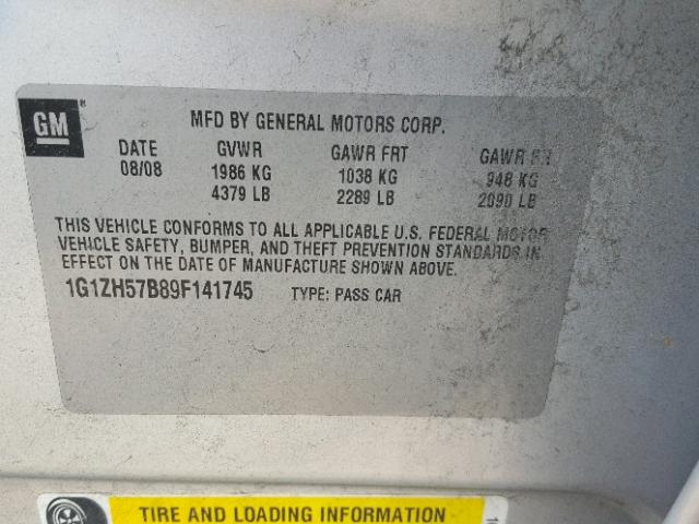 1G1ZH57B89F141745 - 2009 CHEVROLET MALIBU 1LT 银色 照片 10