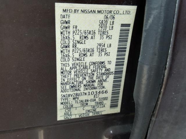 5N1BV28U37N103466 - 2007 NISSAN QUEST S BROWN photo 10