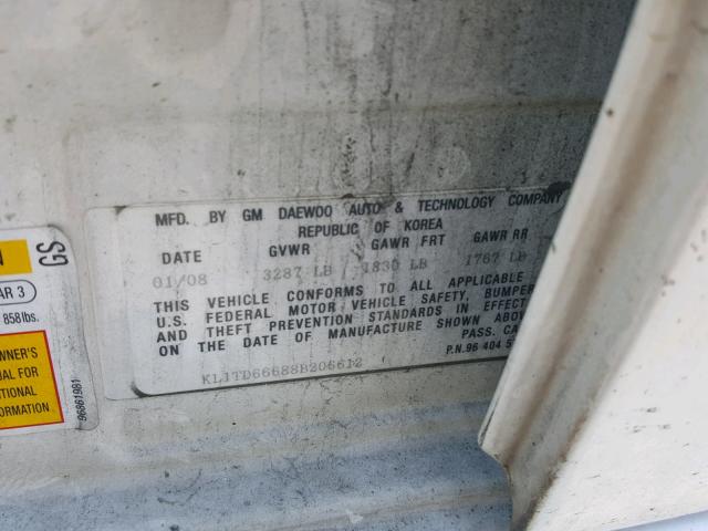 KL1TD66688B206612 - 2008 CHEVROLET AVEO BASE Blanc photo 10