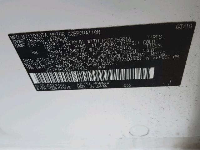 JTLZE4FE8B1121430 - 2011 TOYOTA SCION XB Ақ фото 10