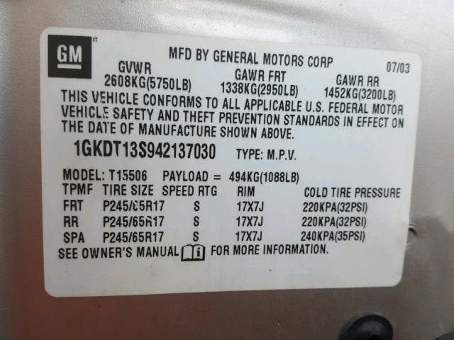 1GKDT13S942137030 - 2004 GMC ENVOY SILVER photo 10