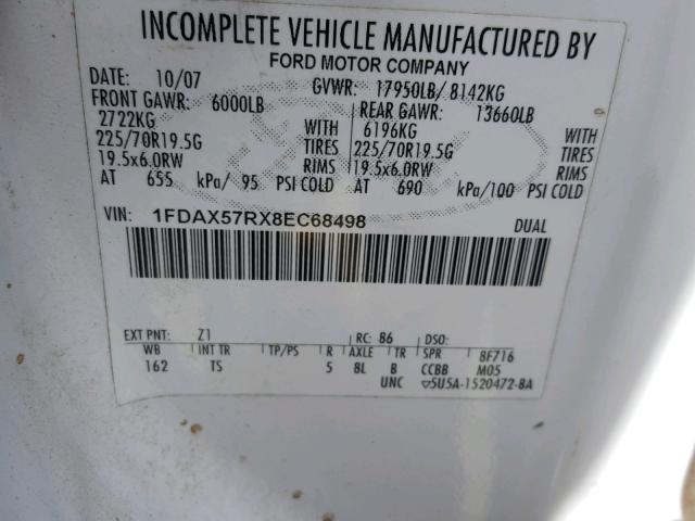 1FDAX57RX8EC68498 - 2008 FORD F550 SUPER WHITE photo 10