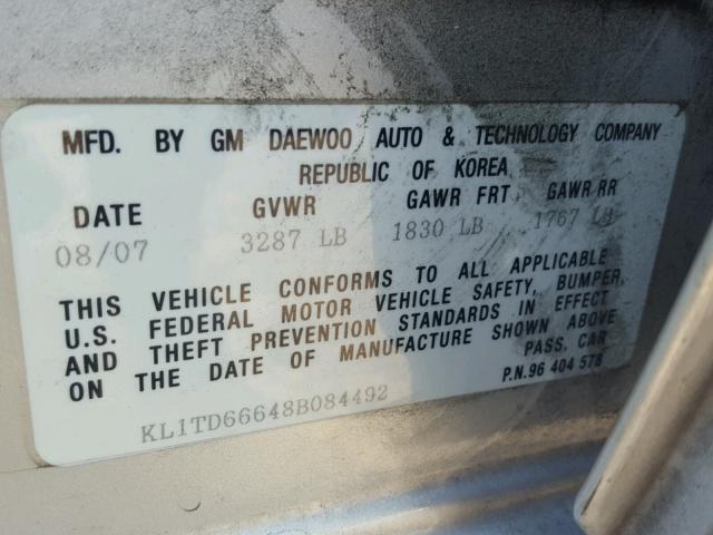 KL1TD66648B084492 - 2008 CHEVROLET AVEO BASE Srebrny zdjęcie 10